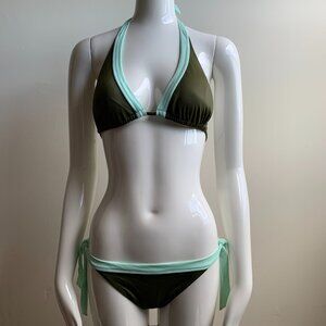 billabong solid olive & mint green halter top bikini